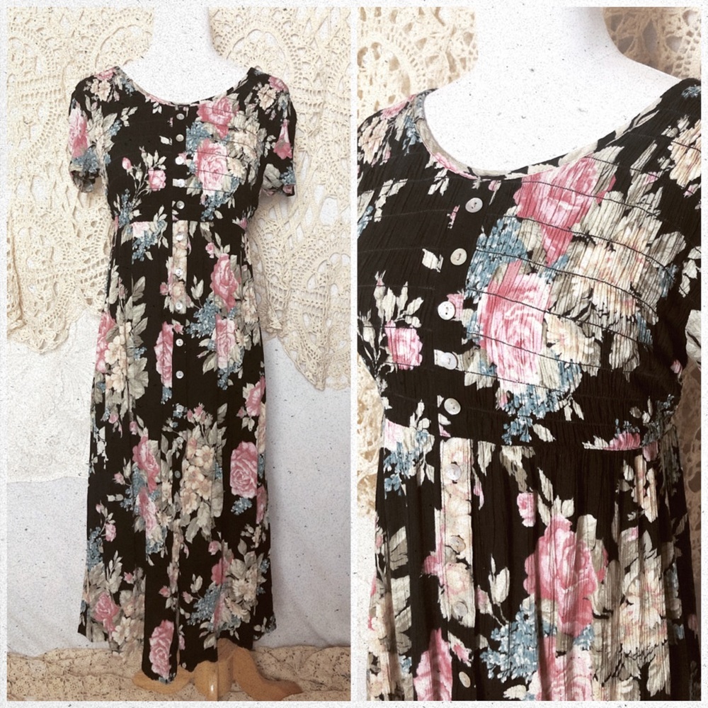 VNTG | black floral midi dress